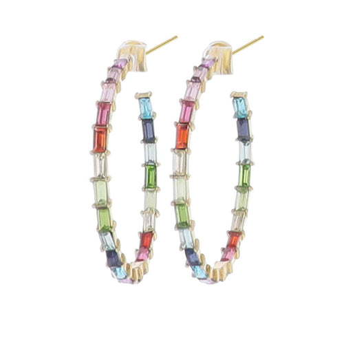 GOLD HOOP WITH MULTI RECTANGLE CRYSTALS EARRING