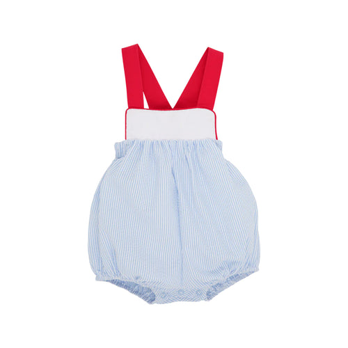 Samprey Sunsuit,
Breakers Blue Seersucker With Worth Avenue White And Richmond Red