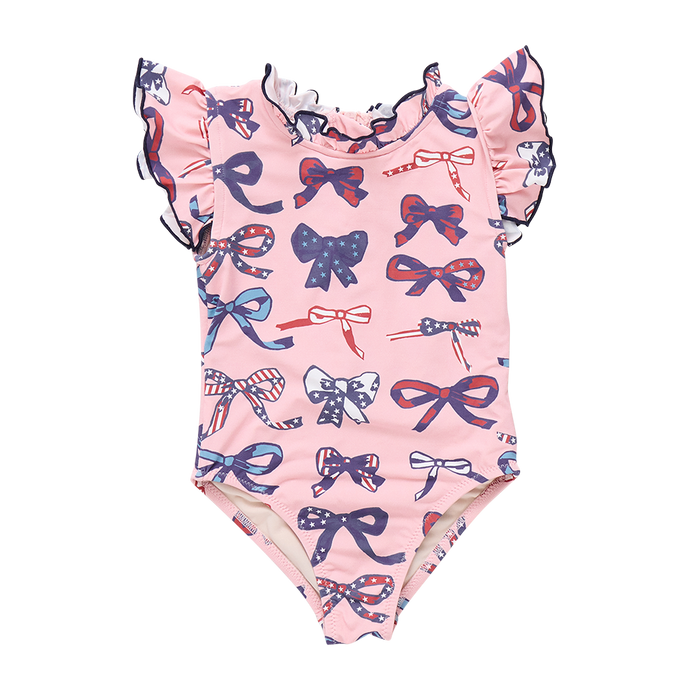 Girls Jennifer Swim Suit Pink Patriotic Bows