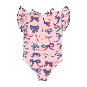 Girls Jennifer Swim Suit Pink Patriotic Bows