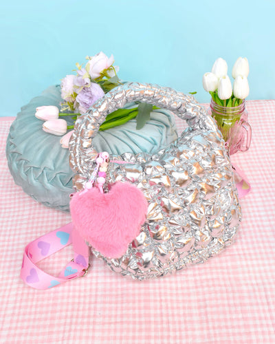 Quilted Scrunchies Metallic Mini Hobo Crossbody Bag with Heart Charm