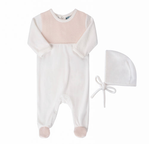 Baby Chevron Velour Romper w/ Hat, Pink