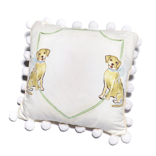 Yellow Dog Pillow, Blue Bows