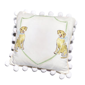 Yellow Dog Pillow, Blue Bows
