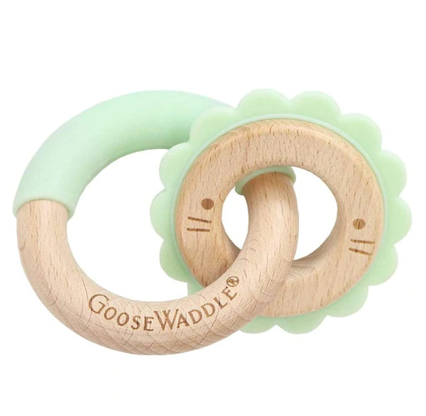 Silcone + Wood Double Teether Green Lion
