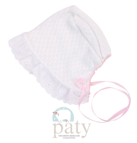 White Bonnet with Eyelet Trim Pink