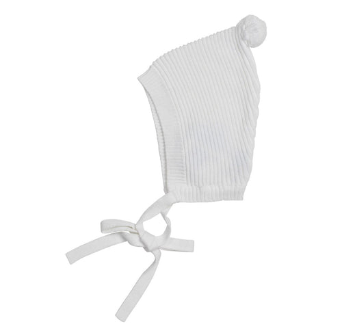 White Rib Knit Bonnet w/ Pompom