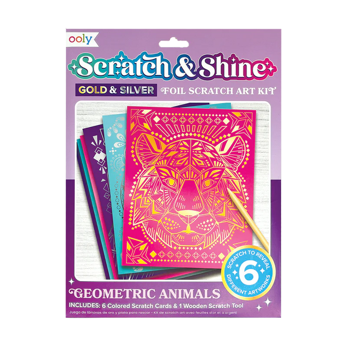 scratch and shine foil scratch art kit - geometric animals